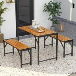 Tangkula 3 PCS Dining Set For 4 People Outdoor Picnic Table & 2 Benches W/ Metal Frame -Tangkula GUEST 0c1e8648 3170 4f8b 9e9b 19b827bdc24c