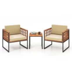Tangkula 3 Pieces Patio Furniture Set Acacia Wood Bistro Conversation Set W/ 2 Cushioned Chairs Beige -Tangkula GUEST 0c57dd06 0815 4589 a6cd 0b954ad62a62
