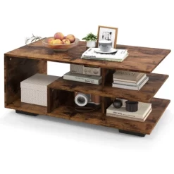 Tangkula Geometric Coffee Table W/ Storage Shelves 3-Tier Rectangular Tea Table -Tangkula GUEST 0cca1c07 0f22 4d34 b721 d4ac706d8328
