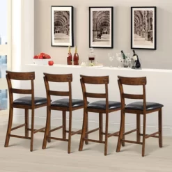 Tangkula Set Of 4 Bar Stools Vintage Wooden Dining Chair For Kitchen, Bistro Brown&Black