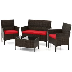 Tangkula 4 Piece Patio Rattan Conversation Set Outdoor Wicker Furniture Set With Chair Loveseat & Tempered Glass Table Cozy Seat Cushions -Tangkula GUEST 0d232e95 f554 4e7f 82af 472ff4be78c6