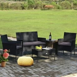 Tangkula 4PCS Outdoor Furniture Set Patio Rattan Conversation Set W/ Gray & Off White Cushion