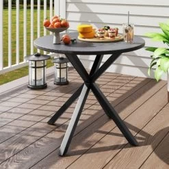 Tangkula 34 Inch Round Patio Bistro Table W/ Wood-Like Top & X-Shaped Legsfor Outside