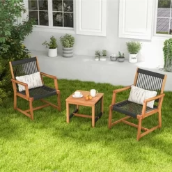 Tangkula 3 PCS Solid Acacia Wood Patio Set All-Weather Rope Woven Chair Garden Poolside