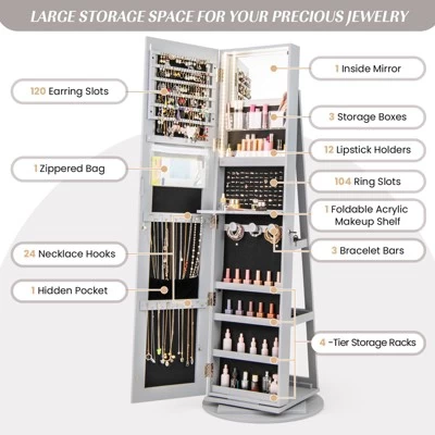 Tangkula 360° Rotating Mirrored Jewelry Cabinet Armoire 3 Color LED Modes Lockable Gray 11 Tangkula 360° Rotating Mirrored Jewelry Cabinet Armoire 3 Color LED Modes Lockable Gray - Image 9