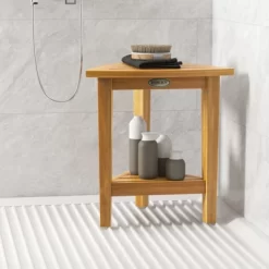 Tangkula Shower Stool Teak Wood Corner Bath Stool W/ Storage Shelf Shower Seat Chair