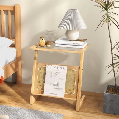 Tangkula 1pc/2pcs Z-shaped Side Table W/ Rattan Shelf Glass Top End Table W/ Magazine Rack Space-saving Sofa Side Bedside Table 4 Tangkula 1pc/2pcs Z-shaped Side Table W/ Rattan Shelf Glass Top End Table W/ Magazine Rack Space-saving Sofa Side Bedside Table - Image 2