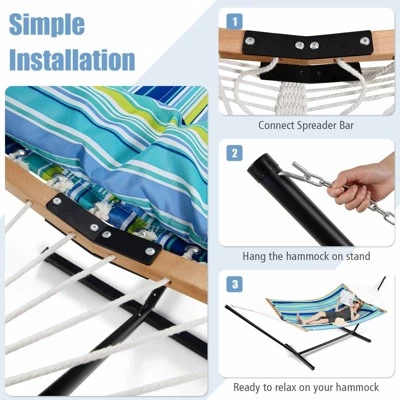 Tangkula Portable Hammock W/ Spreader Bars & Detachable Pillow Quick Dry & Water Proof Material Woven Cotton Rope Blue + Green/Light Blue + Yellow 9 Tangkula Portable Hammock W/ Spreader Bars & Detachable Pillow Quick Dry & Water Proof Material Woven Cotton Rope Blue + Green/Light Blue + Yellow - Image 7