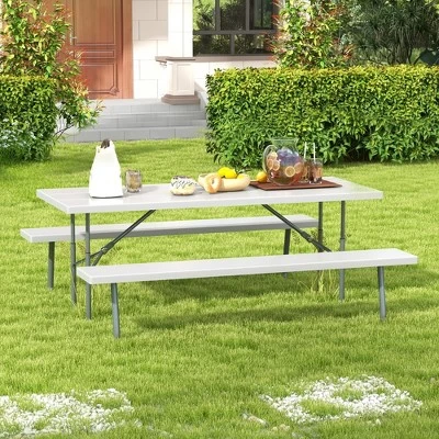 Tangkula Folding Picnic Table W/ 2 Benches 6 FT Camping Table Set W/ All-Weather HDPE Tabletop Grey 3 Tangkula Folding Picnic Table W/ 2 Benches 6 FT Camping Table Set W/ All-Weather HDPE Tabletop Grey