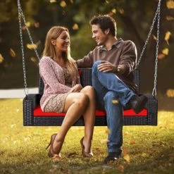 Tangkula Outdoor Wicker Porch Swing Bench 2-Person Patio Rattan Swing Chair W/ Soft Cushions White/Turquoise/Red/Black -Tangkula GUEST 0f1843ee b5be 474b a332 620b2b7741df