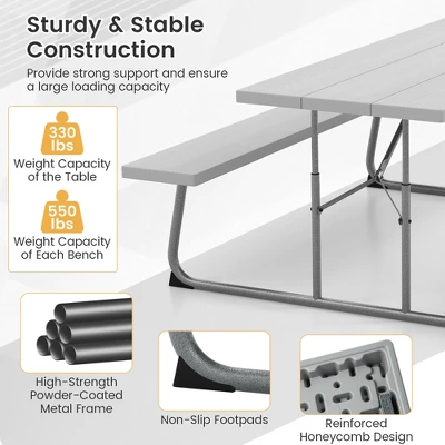 Tangkula Folding Picnic Table W/ 2 Benches 6 FT Camping Table Set W/ All-Weather HDPE Tabletop Grey 9 Tangkula Folding Picnic Table W/ 2 Benches 6 FT Camping Table Set W/ All-Weather HDPE Tabletop Grey - Image 7