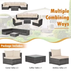 Tangkula Set Of 7 Patio Wicker Furniture Set Outdoor Rattan Sectional Sofa With Seat & Back Cushions 2 Throw Pillows Mix Grey & Beige