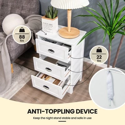 Tangkula End Table Nightstand Bedroom Storage W/ 3 Drawers & Wood Slide White 7 Tangkula End Table Nightstand Bedroom Storage W/ 3 Drawers & Wood Slide White - Image 5