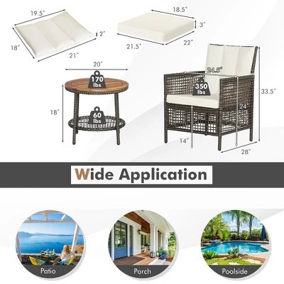 Tangkula 3PCS Patio Wicker Bistro Set Furniture Set PE Rattan Table Set W/ Off White Cushions 8 Tangkula 3PCS Patio Wicker Bistro Set Furniture Set PE Rattan Table Set W/ Off White Cushions - Image 6