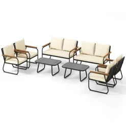 Tangkula Set Of 8 Wicker Patio Furniture Set Outdoor Conversation Set W/ Tempered Glass Coffee Table Rattan Cushioned Chairs With Acacia Wood Armrests -Tangkula GUEST 1130be0b 9bf2 4144 a4c3 01f5b941a8fc