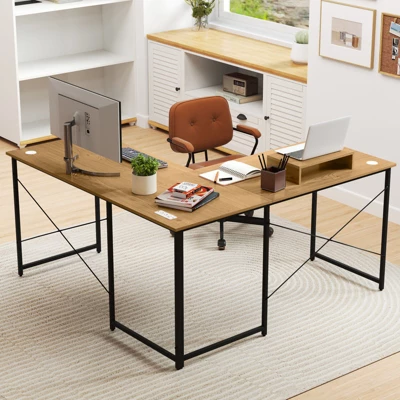 Tangkula L-Shaped Computer Desk With Power Outlets 95” Long 2-Person Desk With Monitor Shelf Modern Corner Desk Gaming Table With USB Ports Natural 3 Tangkula L-Shaped Computer Desk With Power Outlets 95” Long 2-Person Desk With Monitor Shelf Modern Corner Desk Gaming Table With USB Ports Natural - Image 2