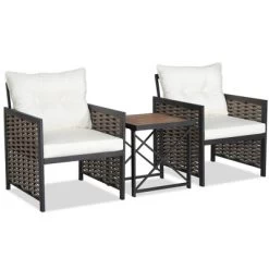 Tangkula Outdoor 3 Pieces Patio Rattan Chair & Coffee Table Set Furniture Set Backyard Poolside