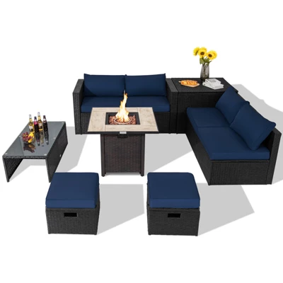 Tangkula 9 Pieces Outdoor PE Rattan Wicker Sectional Sofa With 42" Gas Fire Pit Table Space-Saving Patio Conversation Set With Storage Box Black/Grey/Navy/Red/Turquoise/Off White 14 Tangkula 9 Pieces Outdoor PE Rattan Wicker Sectional Sofa With 42" Gas Fire Pit Table Space-Saving Patio Conversation Set With Storage Box Black/Grey/Navy/Red/Turquoise/Off White - Image 12