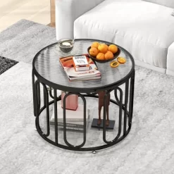 Tangkula 2-Tier 24" Round Coffee Table W/ Oval Swivel Brackets & Reeded Tempered Glass