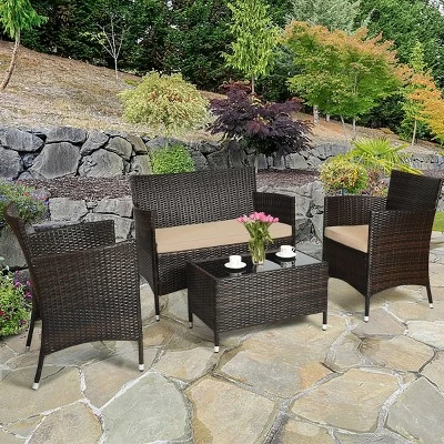 Tangkula 4-Piece Patio Rattan Wicker Conversation Furniture Set Sofa Chair Table Set 4 Tangkula 4-Piece Patio Rattan Wicker Conversation Furniture Set Sofa Chair Table Set - Image 2