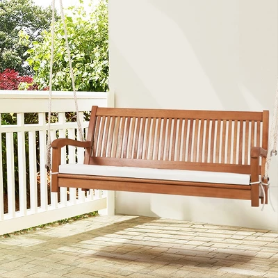 Tangkula 2-Seat Patio Hanging Wooden Porch Swing Bench W/ Cushion 3 Tangkula 2-Seat Patio Hanging Wooden Porch Swing Bench W/ Cushion