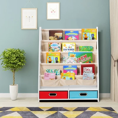 Tangkula Book Rack Kids Toys Organizer Shelves With 4 Sling Bookshelf And 2 Boxes 4 Tangkula Book Rack Kids Toys Organizer Shelves With 4 Sling Bookshelf And 2 Boxes - Image 2