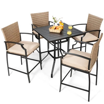 Tangkula 5PCS Patio Rattan Bar Set Wood Heavy-Duty Steel Frame Bistro Set With 4 Bar Stools For Poolside&Garden 9 Tangkula 5PCS Patio Rattan Bar Set Wood Heavy-Duty Steel Frame Bistro Set With 4 Bar Stools For Poolside&Garden - Image 7