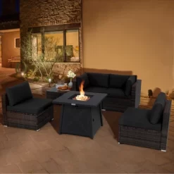 Tangkula 6-Piece Patio Furniture Set W/ 30" Propane Fire Pit Table Outdoor PE Wicker Conversation Set W/ Cushions &Tempered Glass Coffee Table -Tangkula GUEST 155a3923 aac6 499a 9662 7d77b35dbf6f