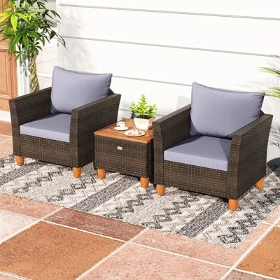 Tangkula Set Of 3 Rattan Bistro Furniture Set Solid Acacia Wood Table Top Cushioned Sofa Patio 4 Tangkula Set Of 3 Rattan Bistro Furniture Set Solid Acacia Wood Table Top Cushioned Sofa Patio - Image 2
