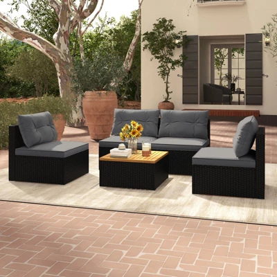 Tangkula Set Of 5 Rattan Sofa Set Outdoor Wicker Furniture Set W/Seat & Back Cushions Square Coffee Table Patio Sofa Set Gray 4 Tangkula Set Of 5 Rattan Sofa Set Outdoor Wicker Furniture Set W/Seat & Back Cushions Square Coffee Table Patio Sofa Set Gray - Image 2