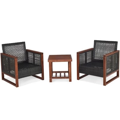 Tangkula 3PCS Patio Rattan Bistro Set Acacia Wood Frame Cushioned Sofa And Side Table 6 Tangkula 3PCS Patio Rattan Bistro Set Acacia Wood Frame Cushioned Sofa And Side Table - Image 4