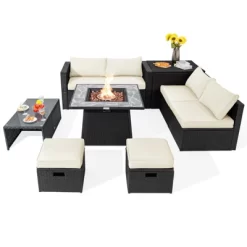 Tangkula 9 Pieces Outdoor PE Rattan Wicker Sectional Sofa With 35" Gas Fire Pit Table Space-Saving Patio Conversation Set With Storage Box Black/Grey/Navy/Red/Turquoise/Off White -Tangkula GUEST 16bc8757 5cdf 4c22 9fce f74cab4d7722