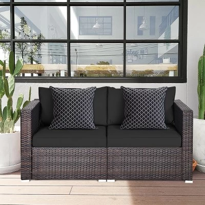 Tangkula 4PCS Rattan Corner Sofa Set Patio Outdoor Furniture Set W/ Black Cushions 3 Tangkula 4PCS Rattan Corner Sofa Set Patio Outdoor Furniture Set W/ Black Cushions