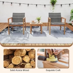 Tangkula 3 Pieces Patio Furniture Set PE Rattan Patio Bistro Set With Chairs & Coffee Table Outdoor Acacia Wood Conversation Set For Garden -Tangkula GUEST 170e49e8 70d1 4ccf ad2e f90a0ff508bf