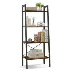 Tangkula 4-Tier Ladder Bookshelf Industrial Wooden Bookcase With Metal Frame Anti-Toppling Device Rack Rustic Brown/Gray Oak -Tangkula GUEST 1718e466 e06e 453d 81c6 62b1fb23803b
