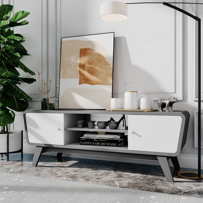 Tangkula Mid Century TV Stand For TVs Up To 55" Media Console Table Sliding Door 3 Tangkula Mid Century TV Stand For TVs Up To 55" Media Console Table Sliding Door