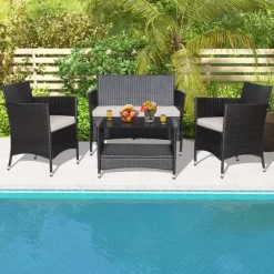 Tangkula 4PCS Outdoor Sofa Set Patio Rattan Wicker Conversation Set W/ Coffee Table