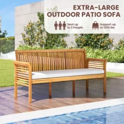 Tangkula 3 Person Outdoor Bench, 62.5" Acacia Wood Patio Sofa With Curved Armrests And Removable Seat Cushion -Tangkula GUEST 174e8fc6 7d7f 47ae a115 216bb061f432