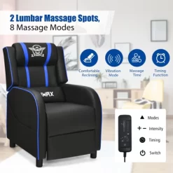 Tangkula PU Leather Gaming Recliner Chair Single Massage Lounge Sofa W/ Lumbar Cushion Blue -Tangkula GUEST 18968dd2 8c5b 42f8 afba d3f57213ca7a