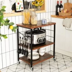 Tangkula Kitchen Baker's Rack 3-Tier Microwave Cart With Wheels&10 Hooks Rustic Brown/Maple/Vintage/Nut Brown