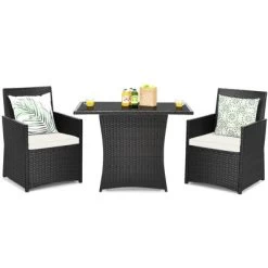 Tangkula 3PCS Patio Rattan Dining Set Space-Saving Furniture Set With Tempered Glass Top Table And Cushioned Chairs -Tangkula GUEST 198393ab 8034 4fda 9b4c 1d47fd3e37fd