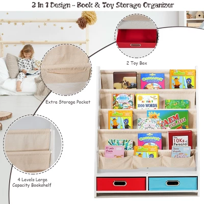 Tangkula Book Rack Kids Toys Organizer Shelves With 4 Sling Bookshelf And 2 Boxes 6 Tangkula Book Rack Kids Toys Organizer Shelves With 4 Sling Bookshelf And 2 Boxes - Image 4
