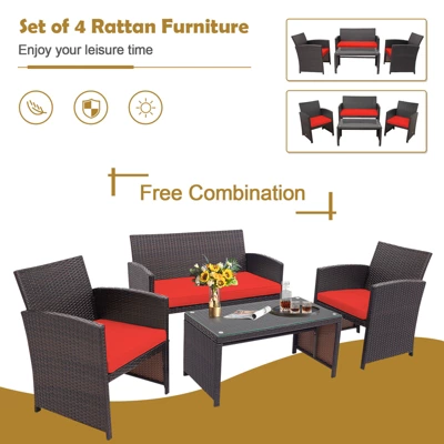 Tangkula 8PCS Outdoor Patio Furniture Sets Weather-Resistant Rattan Sofas W/ Soft Cushion Red 6 Tangkula 8PCS Outdoor Patio Furniture Sets Weather-Resistant Rattan Sofas W/ Soft Cushion Red - Image 4