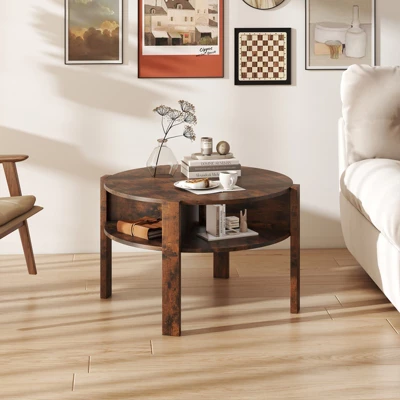 Tangkula Round Coffee Table With 4 Side Compartments 2-Tier Circle Coffee Table 4 Tangkula Round Coffee Table With 4 Side Compartments 2-Tier Circle Coffee Table - Image 2