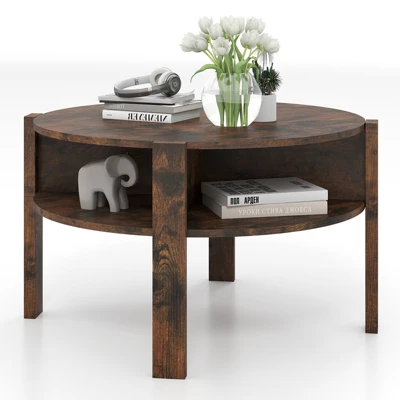 Tangkula Round Coffee Table With 4 Side Compartments 2-Tier Circle Coffee Table 10 Tangkula Round Coffee Table With 4 Side Compartments 2-Tier Circle Coffee Table - Image 8