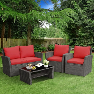 Tangkula 4-Piece Rattan Wicker Patio Outdoor Furniture Sofa Set With Cushions & Tempered Glass Table 6 Tangkula 4-Piece Rattan Wicker Patio Outdoor Furniture Sofa Set With Cushions & Tempered Glass Table - Image 4