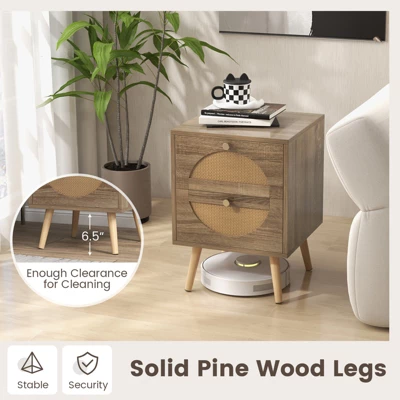 Tangkula Rattan Nightstand Set Of 2 End Side Table With 2 Rattan Drawers Pine Wood Legs Wood Accent Table 7 Tangkula Rattan Nightstand Set Of 2 End Side Table With 2 Rattan Drawers Pine Wood Legs Wood Accent Table - Image 5