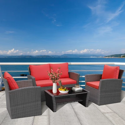 Tangkula 4-Piece Rattan Wicker Patio Outdoor Furniture Sofa Set With Cushions & Tempered Glass Table 4 Tangkula 4-Piece Rattan Wicker Patio Outdoor Furniture Sofa Set With Cushions & Tempered Glass Table - Image 2