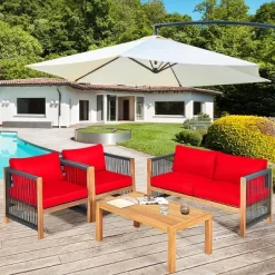 Tangkula Outdoor Patio Wood Conversation Furniture Set Padded Chair With Coffee Table Red/Turquoise