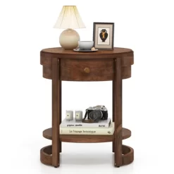 Tangkula 2-Tier Nightstand W/ Shelf & Wood Grains Drawer Round White/Brown 22 Tangkula 2-Tier Nightstand W/ Shelf & Wood Grains Drawer Round White/Brown -Tangkula GUEST 1ce4fad5 ab4a 4951 be15 1c26d2693022